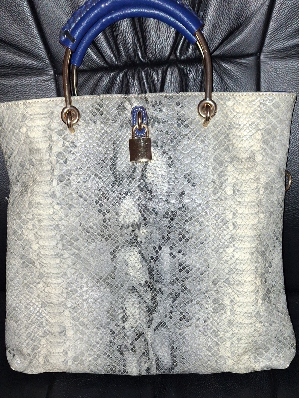 ☀️$25 Shiraleah Blue-Handle Python-Texture Tote with Padlock Accent